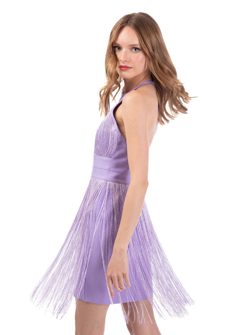 Le Volière Vestito di frange lilla con scollo all'americana