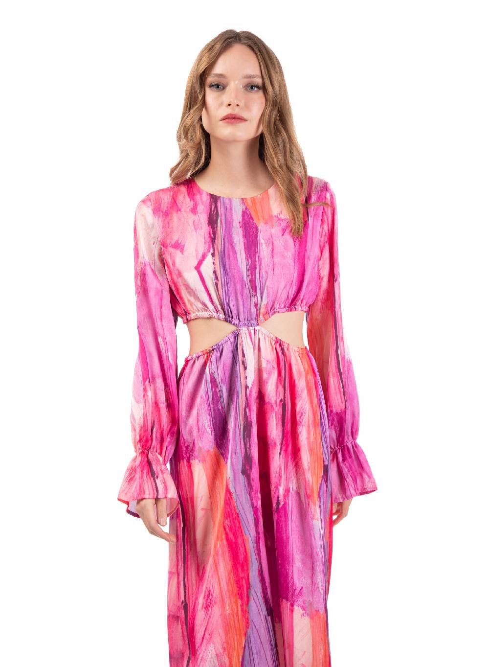 Le Volière Vestito Lungo In Fantasia Fucsia Con Fori Laterali