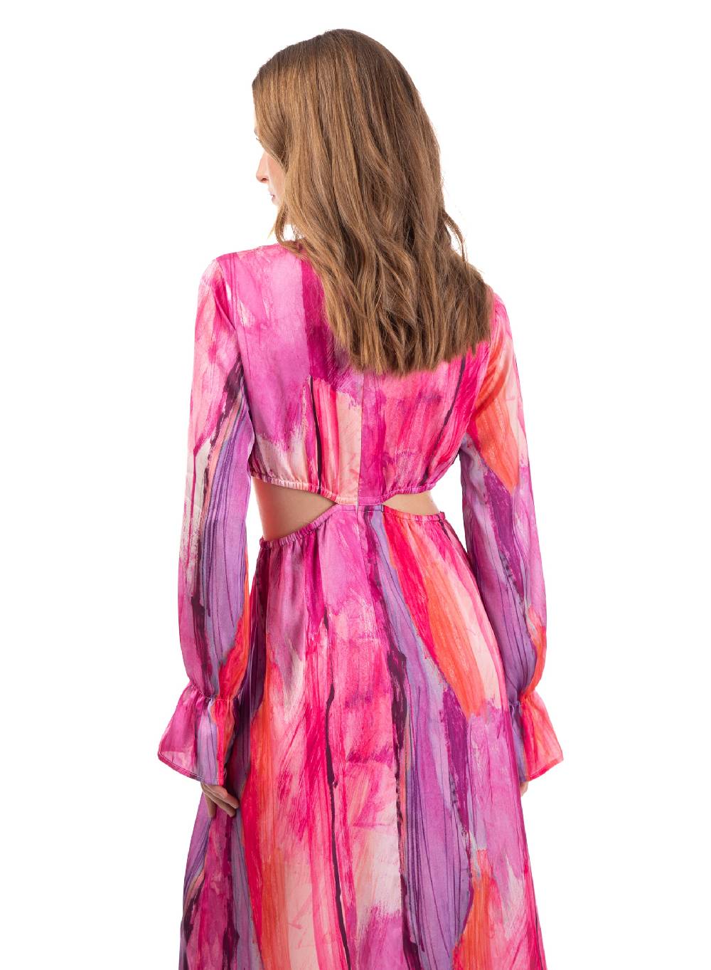 Le Volière Vestito Lungo In Fantasia Fucsia Con Fori Laterali