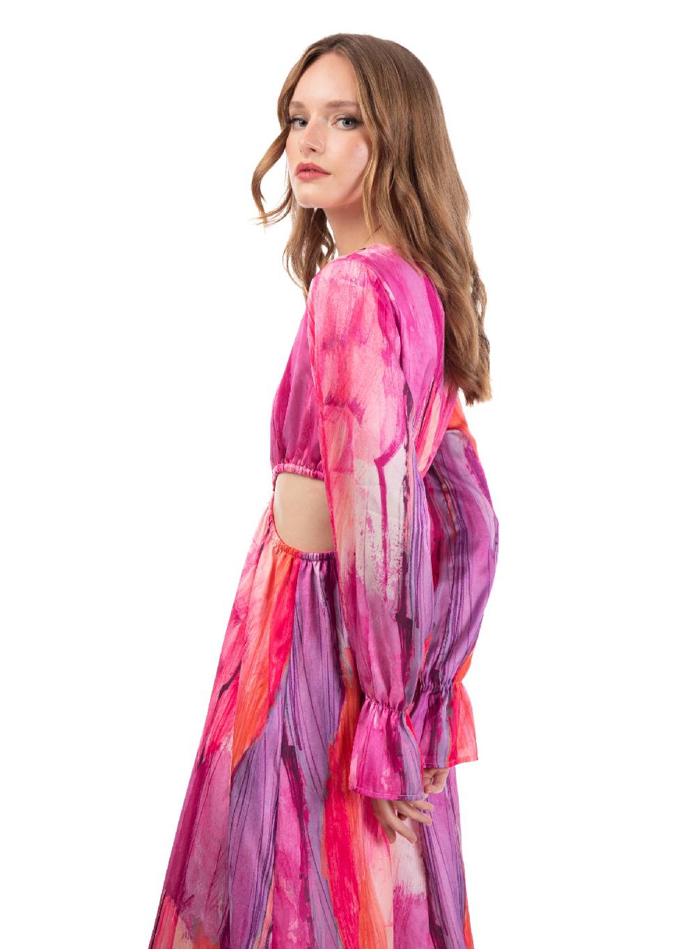 Le Volière Vestito Lungo In Fantasia Fucsia Con Fori Laterali