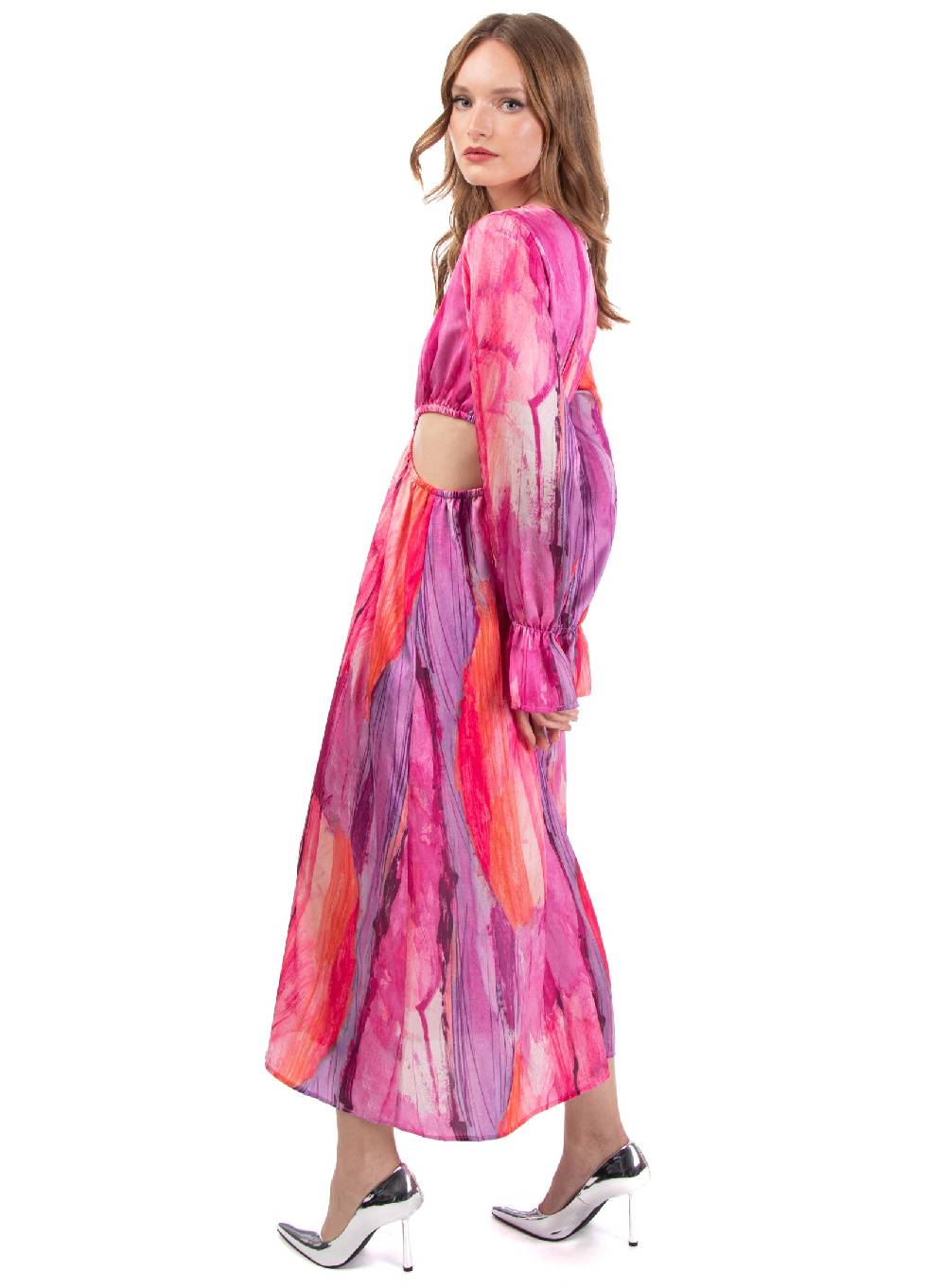 Le Volière Vestito lungo in fantasia fucsia con fori laterali