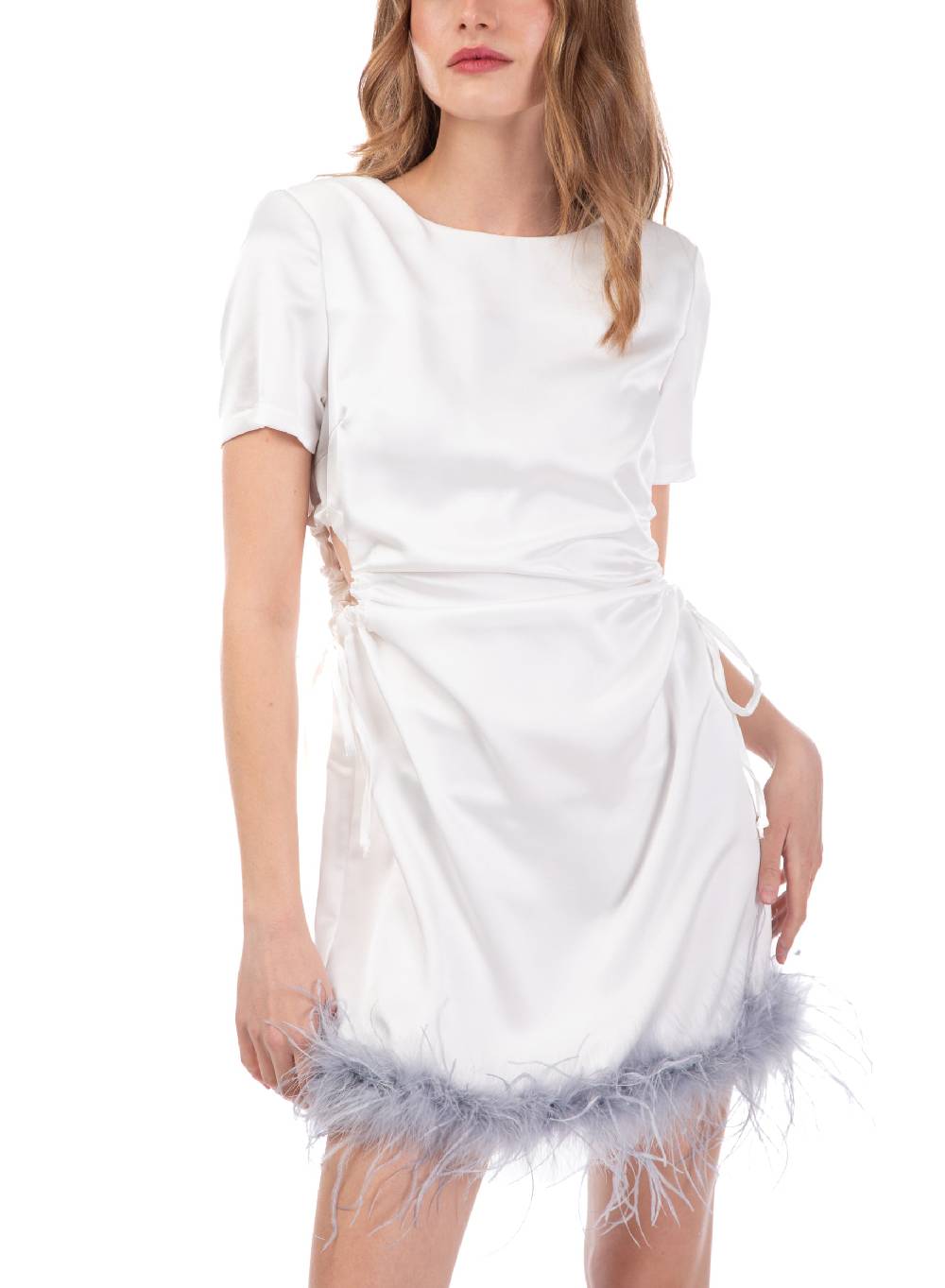 Le Volière Vestito Scivolato Bianco Con Fori E Piume