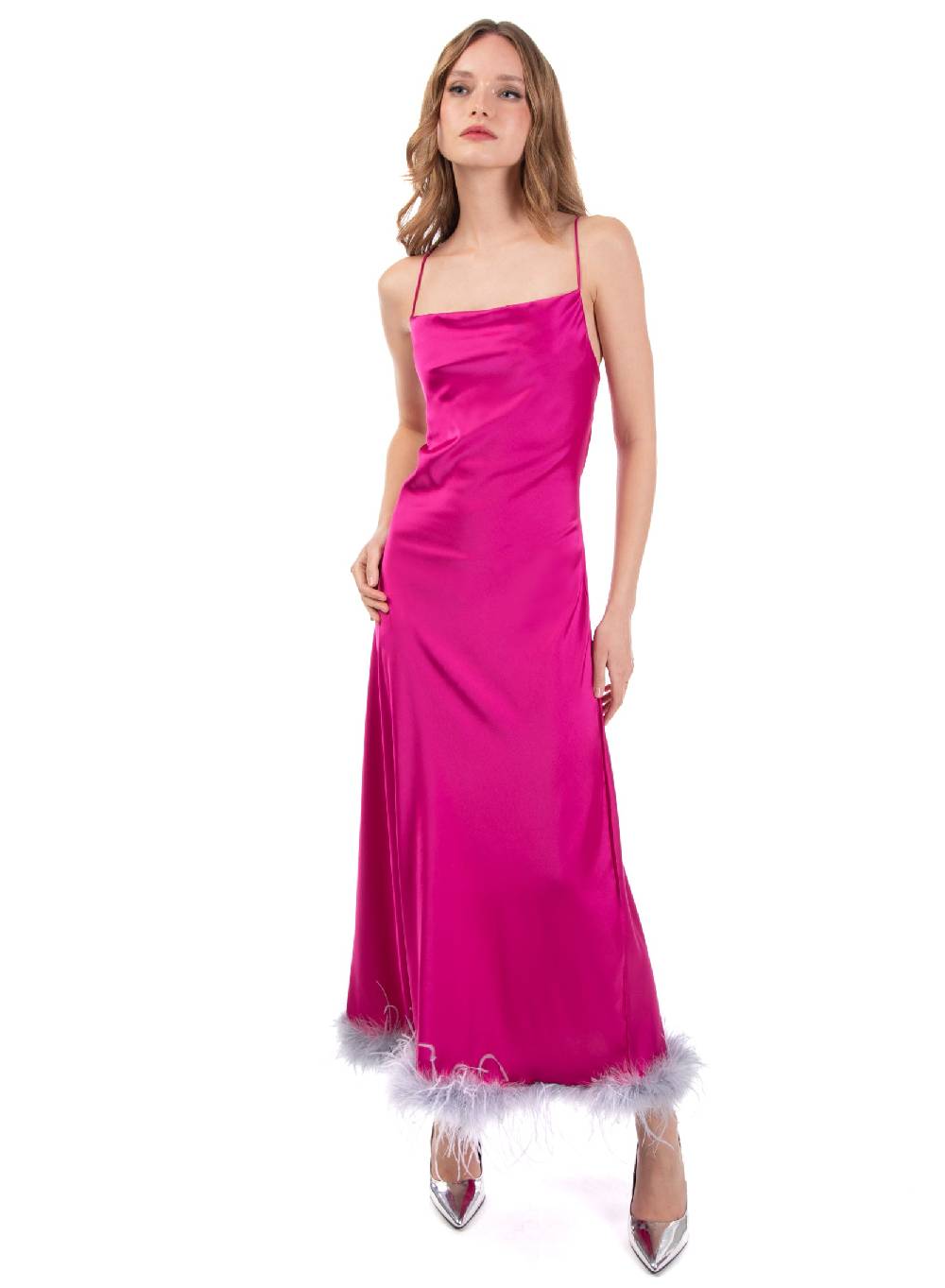 Le Volière Vestito Slip Dress Lungo Fucsia Con Piume