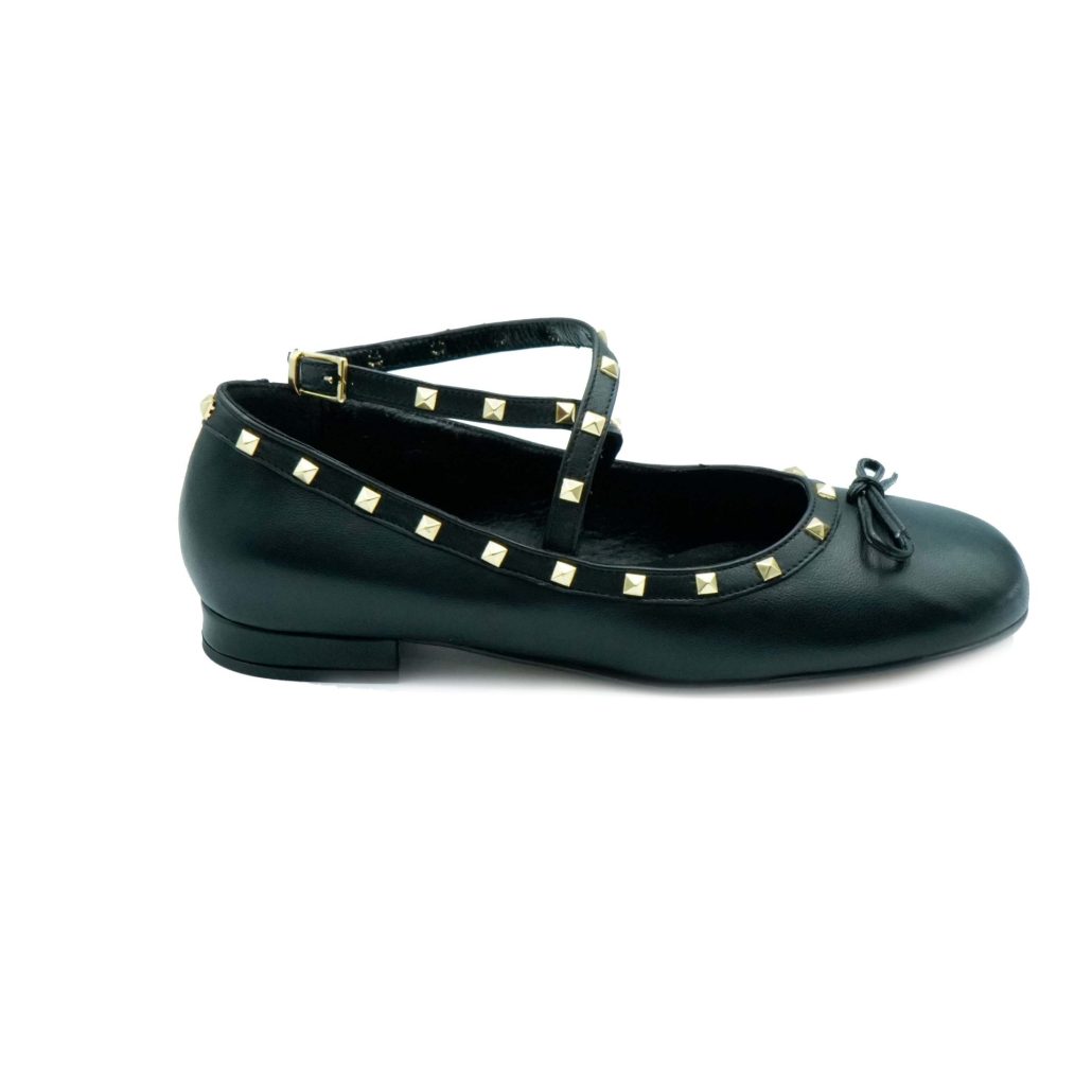 Lea Gu Ballerina In Nappa, Allacciatura Frontale Alla Caviglia Con Borchie, Tacco 10 Mm