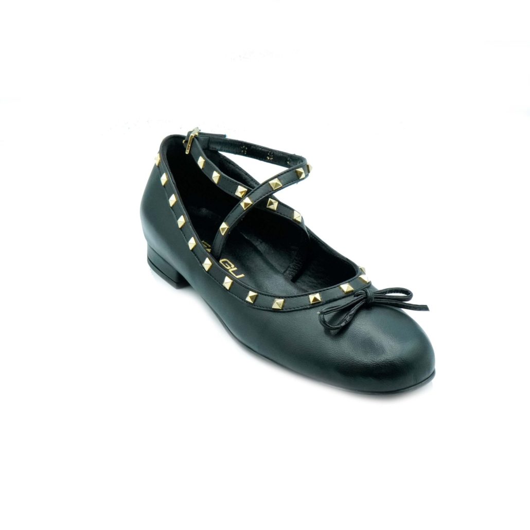 Lea Gu Ballerina In Nappa, Allacciatura Frontale Alla Caviglia Con Borchie, Tacco 10 Mm