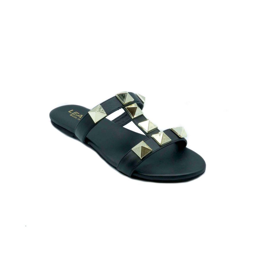 Lea Gu Ciabattina In Nappa, Fascia Frontale Con Borchie A Piramide Oro, Tacco 0,5 Mm