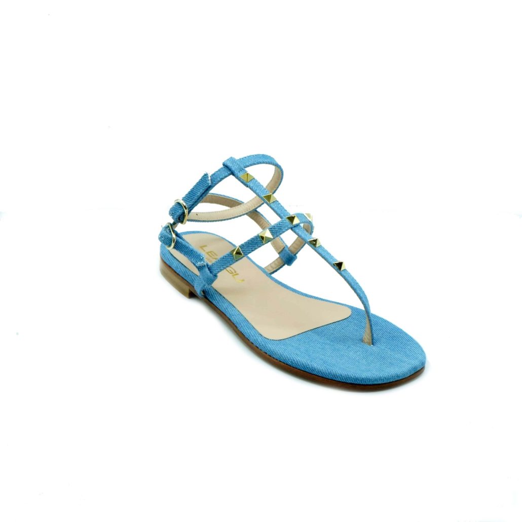 Lea Gu Sandalo In Jeans, Borchie Frontali, Cinturino Alla Caviglia, Tacco 10mm