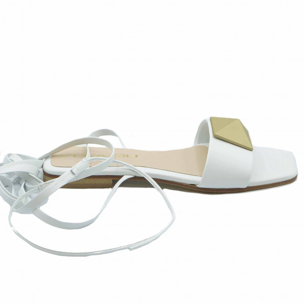 Lea Gu Sandalo In Nappa, Fascia Con Piramide Oro Frontale, Lacci In Caviglia, Tacco 20 Mm