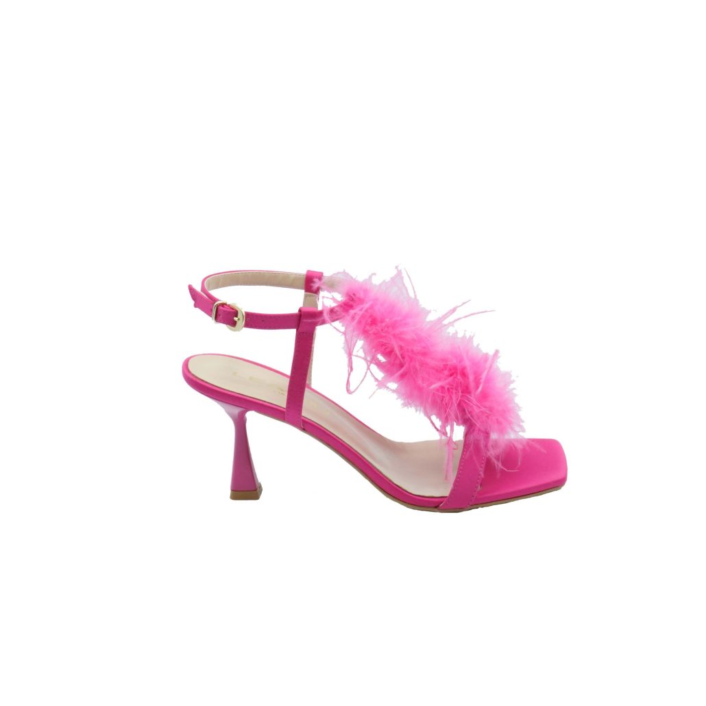 Lea Gu sandalo in raso, fascia frontale, piume frontali, punta quadrata, chiusura alla caviglia, tacco 75mm