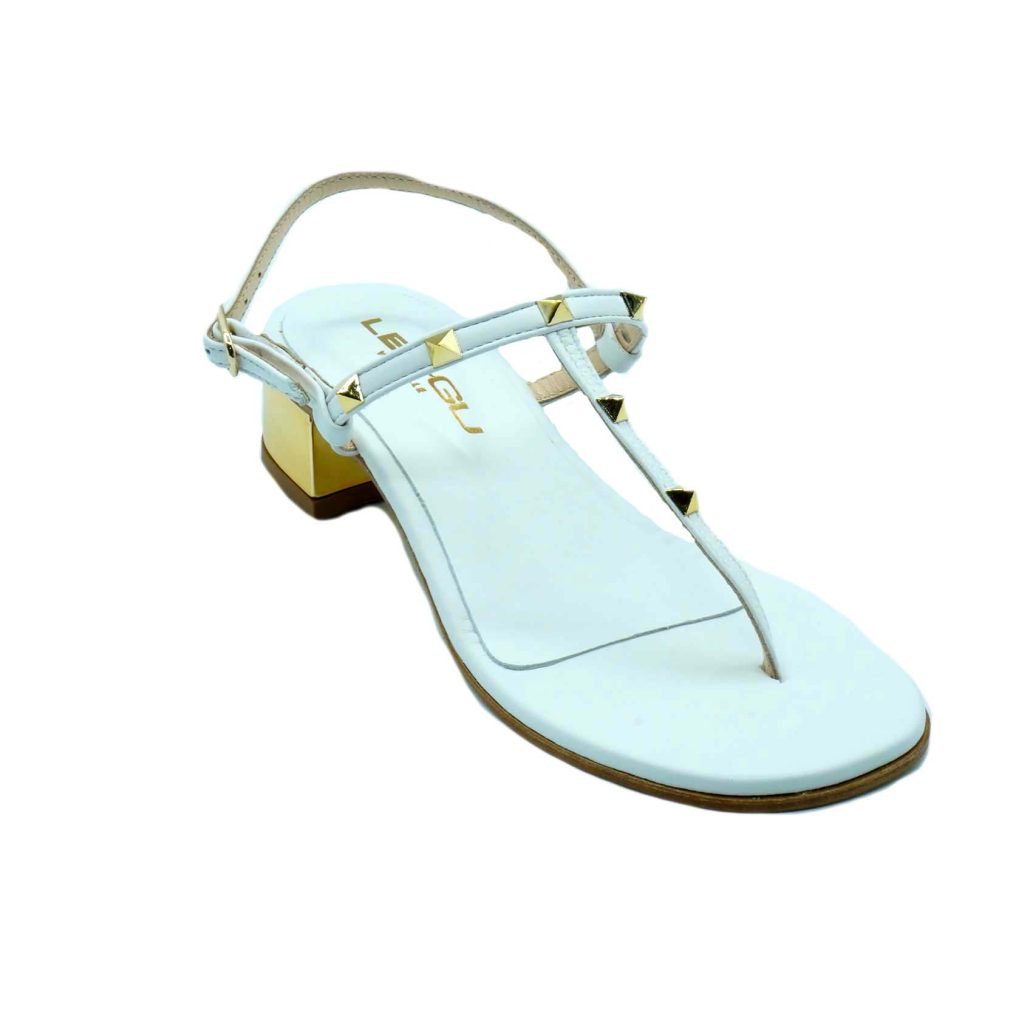 Lea Gu Sandalo Infradito In Nappa, Borchie Frontali, Allacciatura Posteriore, Tacco Color Oro 30mm