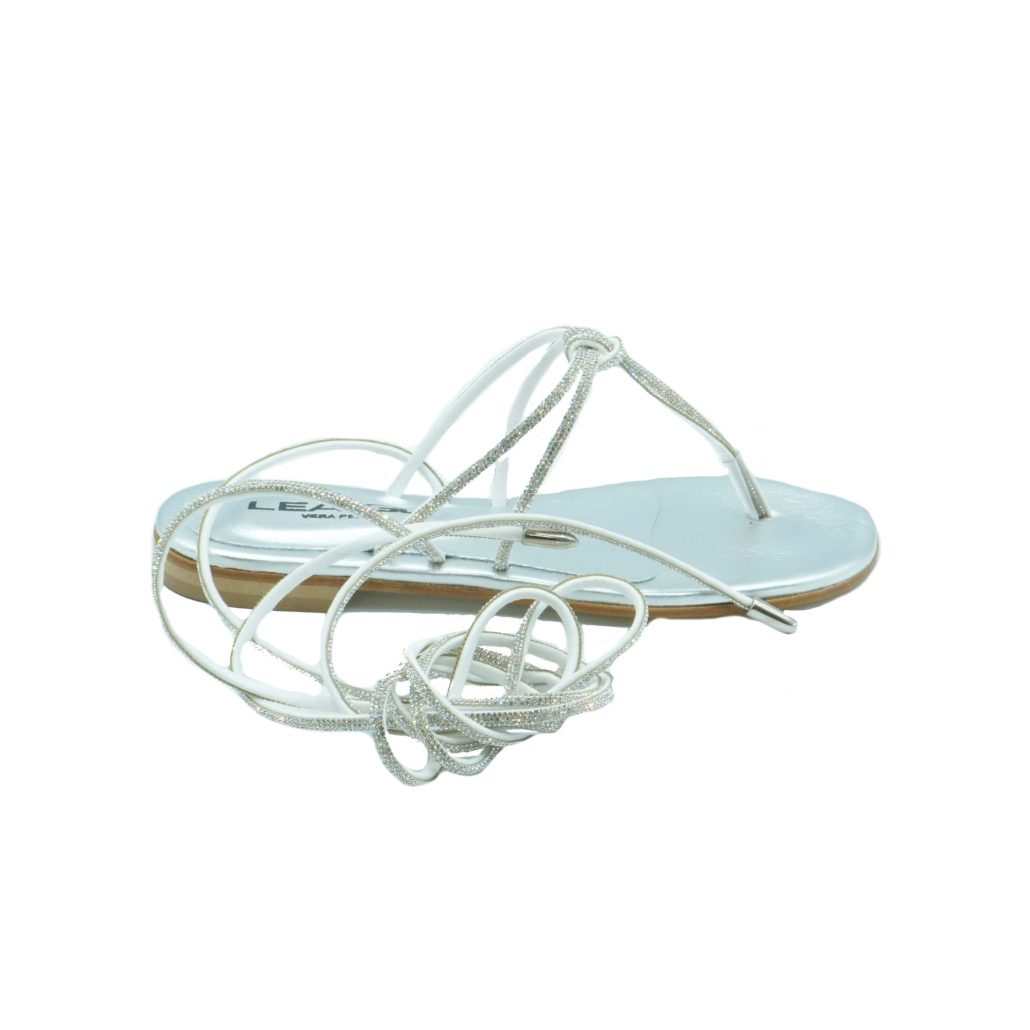 Lea Gu Sandalo Infradito In Nappa Laminata Con Strass, Allacciatura Al Polpaccio, Tacco 10 Mm