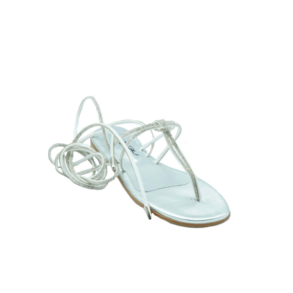 Lea Gu Sandalo Infradito In Nappa Laminata Con Strass, Allacciatura Al Polpaccio, Tacco 10 Mm