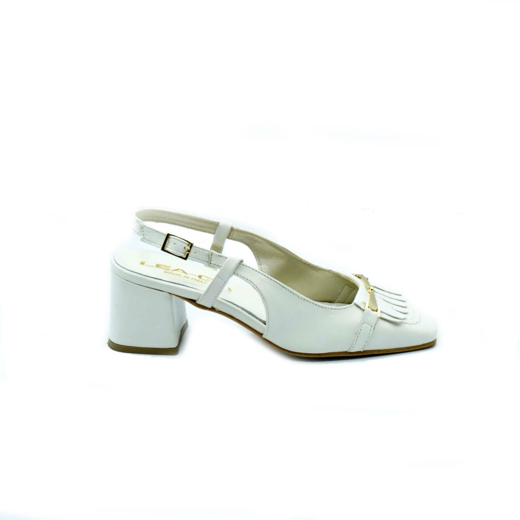 Lea Gu slingback in nappa, punta quadrata, accessorio e frange frontali, tacco 50mm