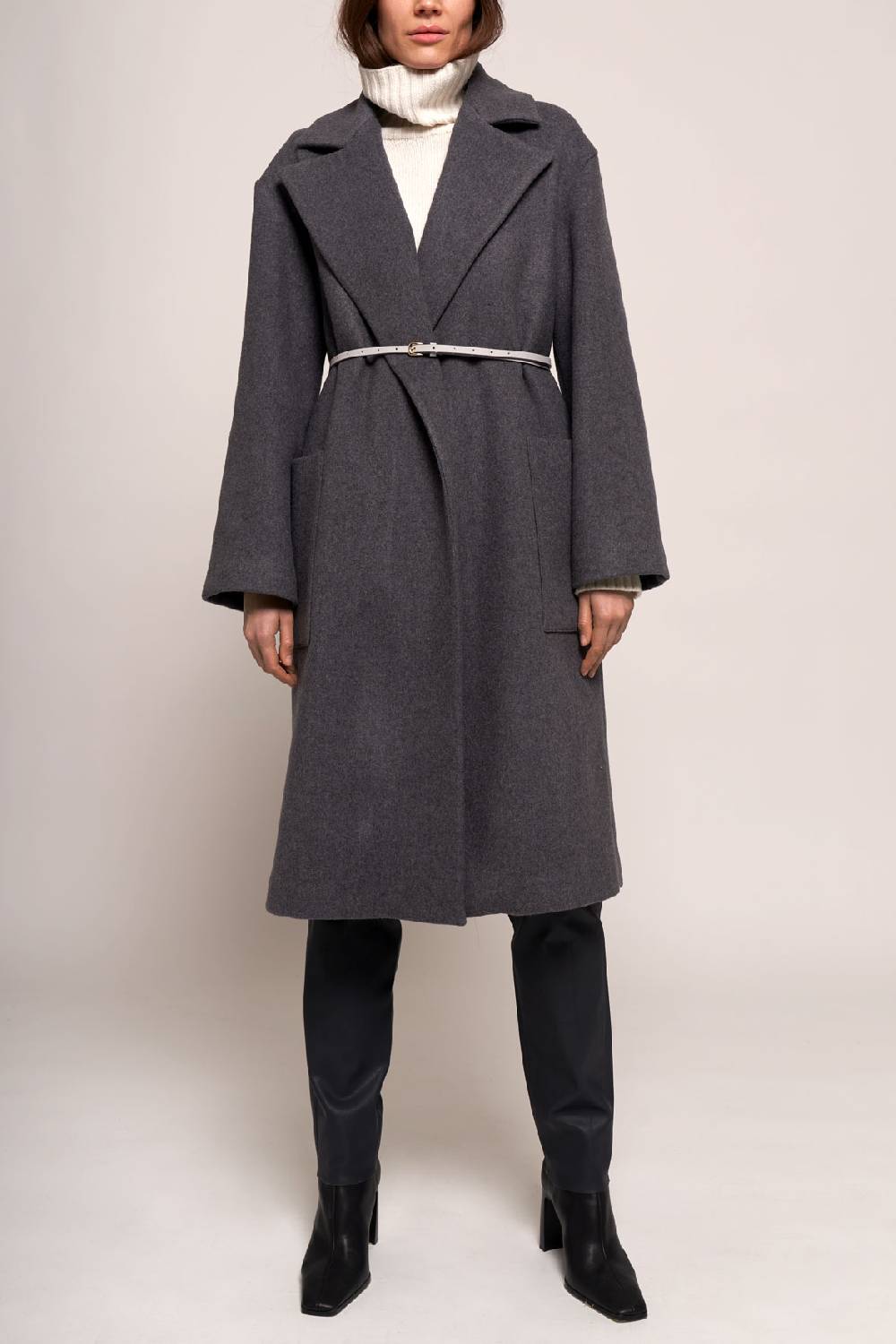 Manzoni 24 Cappotto in lana con cintura in nappa