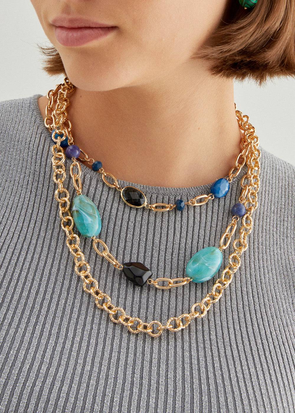 Nalí CHAIN NECKLACE MULTI W/ GREEN+BLUE STONES