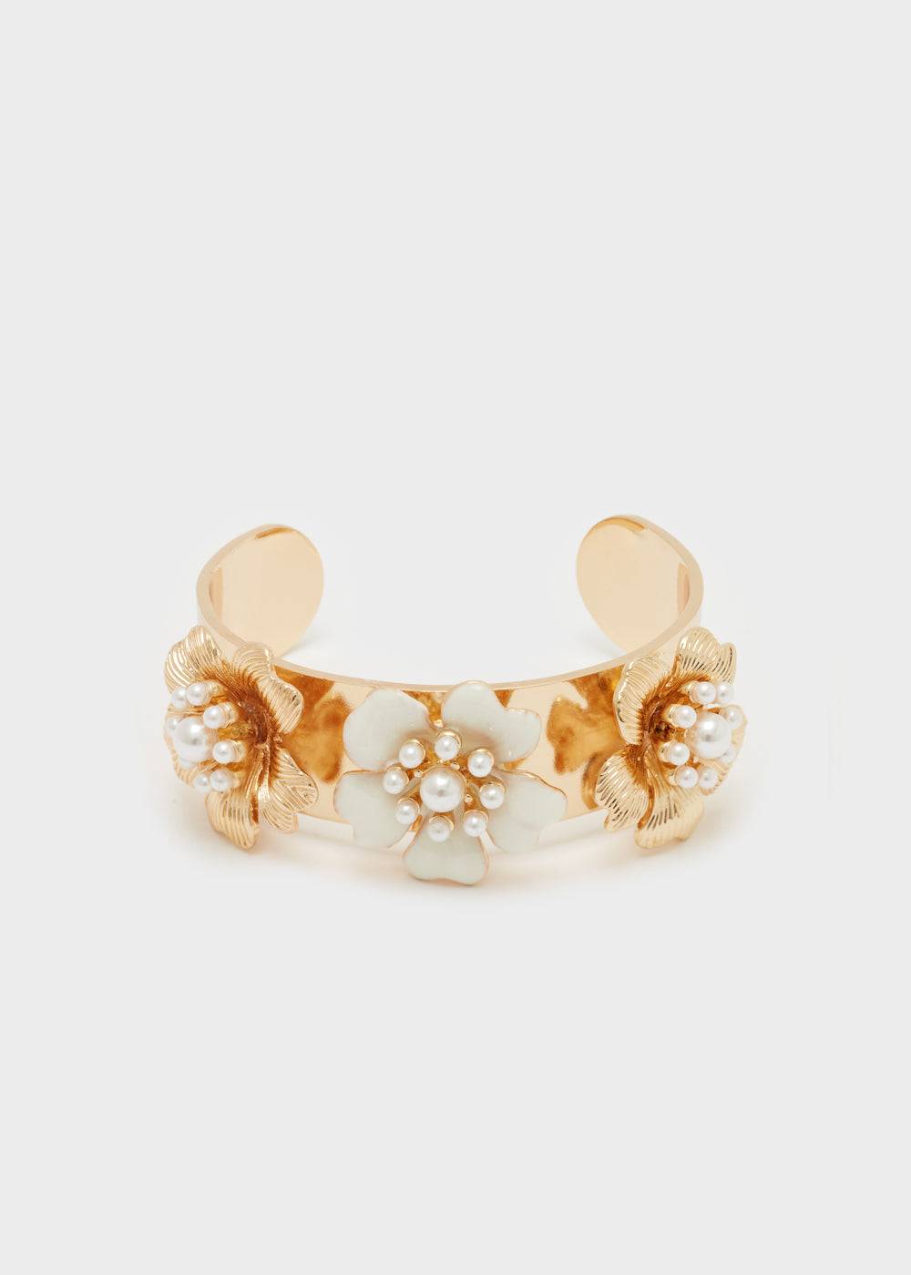 Nalí ENAMEL FLOWER BANGLE BRACELET W/ PEARLS