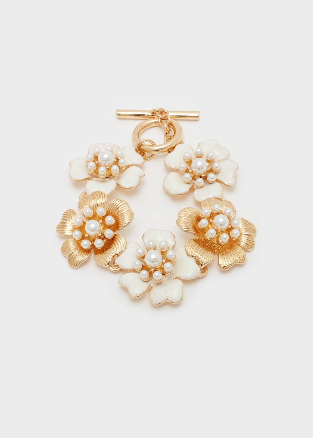 Nalí ENAMEL FLOWER BRACELET IN GOLD W/ PEARLS