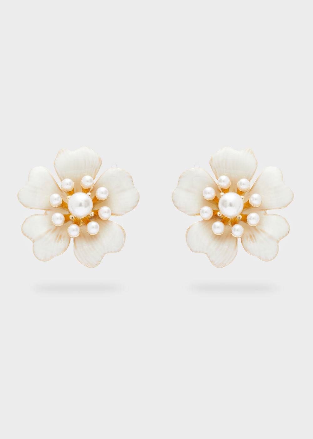 Nalí ENAMEL FLOWER EARRINGS W/ GOLD PEARL