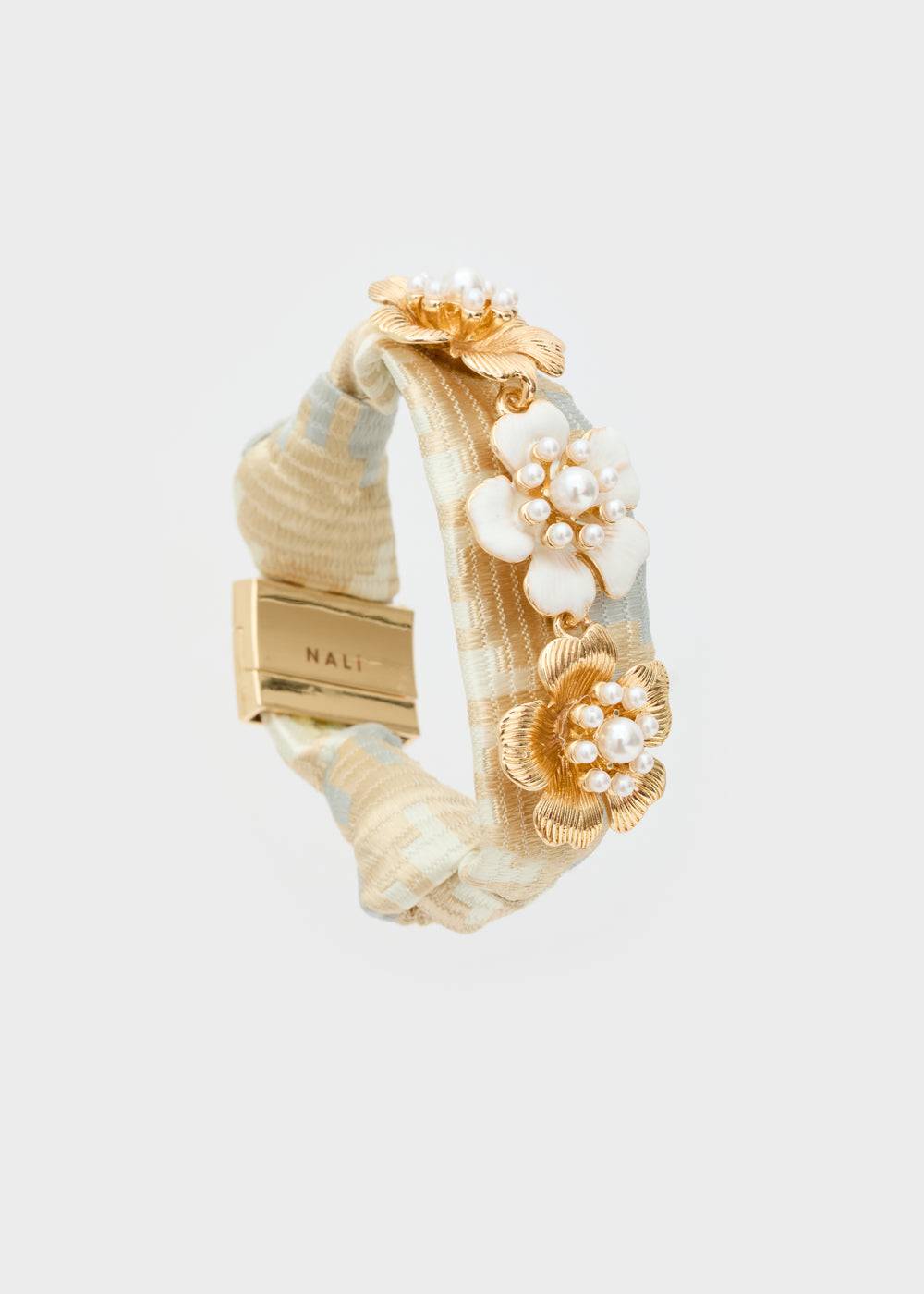 Nalí FABRIC BRACELET W/ GOLD + WHITE FLOWERS