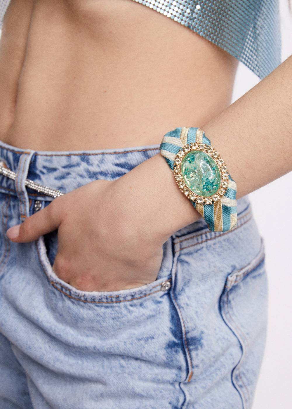 Nalí FABRIC L.BLUE BRACELET W/ OVAL STONE
