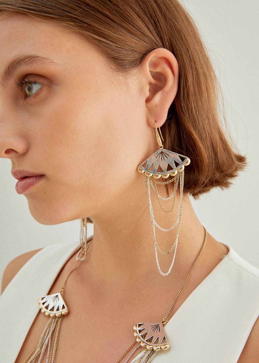 Nalí FAN CHAIN EARRINGS IN SILVER+GOLD