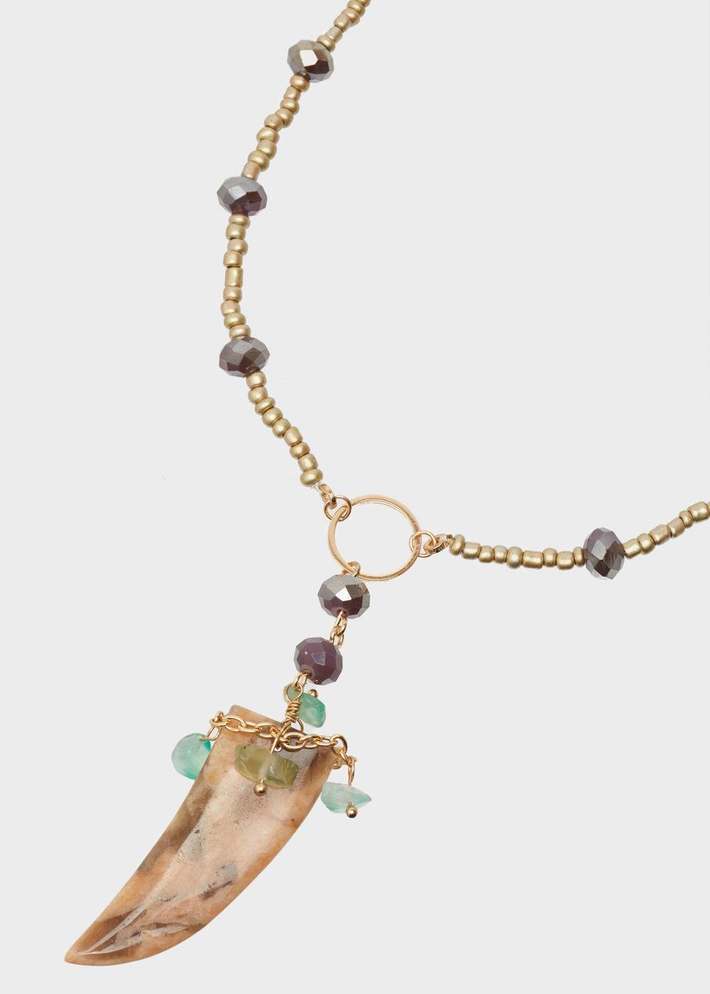 Nalí GOLD LONG NECKLACE W/ BEADS AND HORN PENDANT