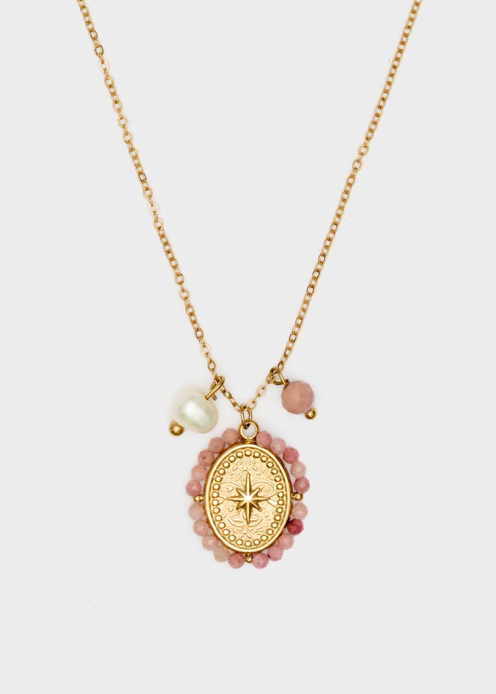 Nalí GOLD NECKLACE W/ PINK PENDANT+PEARLS