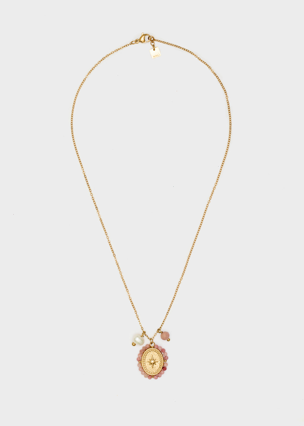 Nalí GOLD NECKLACE W/ PINK PENDANT+PEARLS