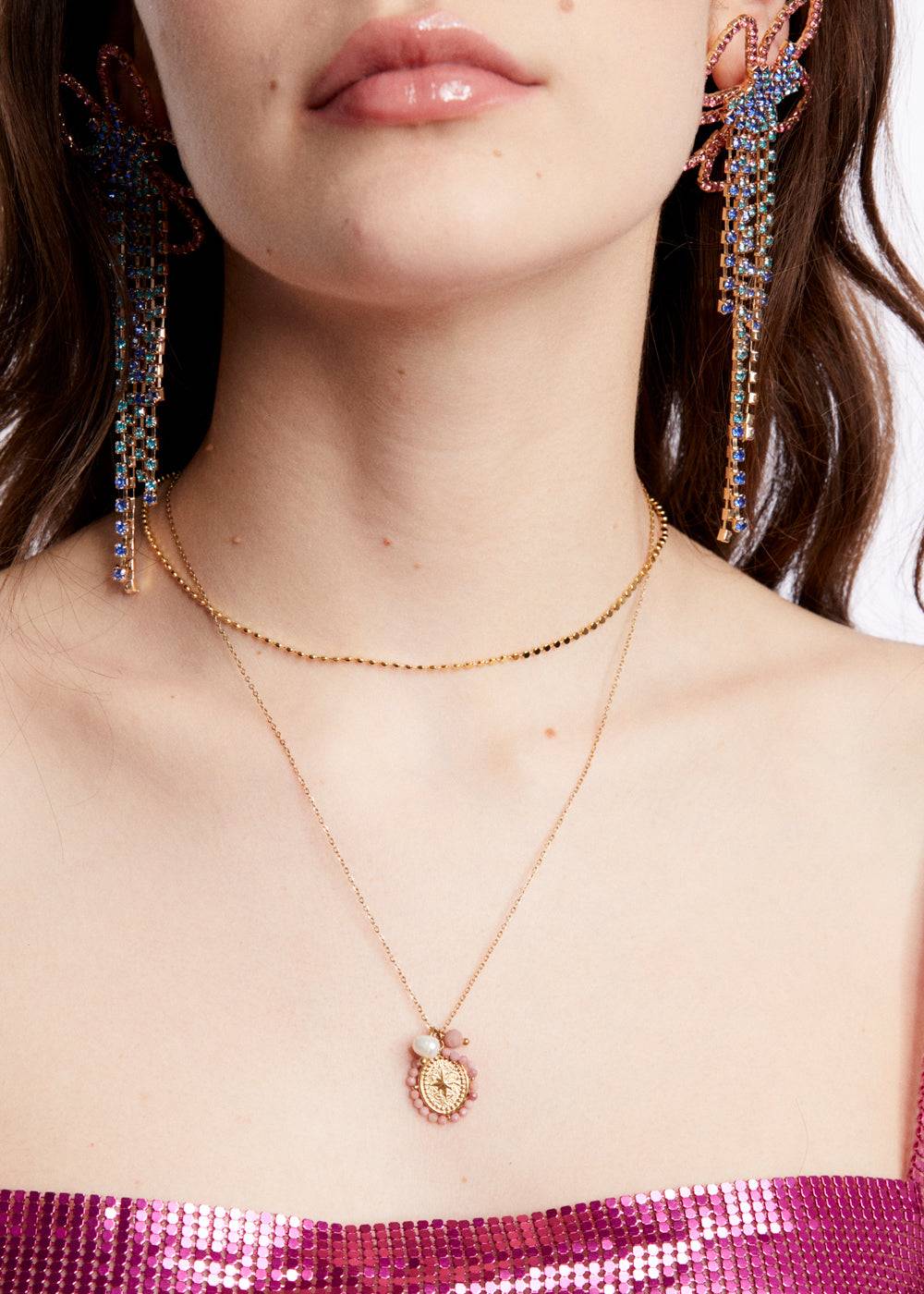 Nalí GOLD NECKLACE W/ PINK PENDANT+PEARLS