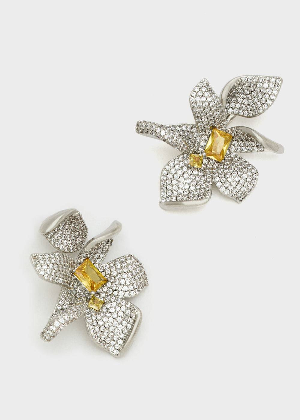 Nalí LOBE FLOWER EARRINGS SILVER+ZIRCONS
