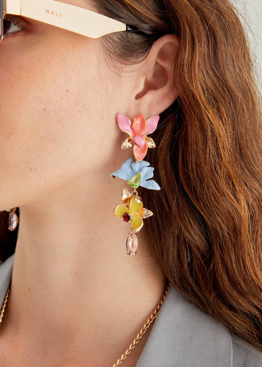 Nalí LONG EARRINGS W/ ENAMEL MULTI FLOWERS