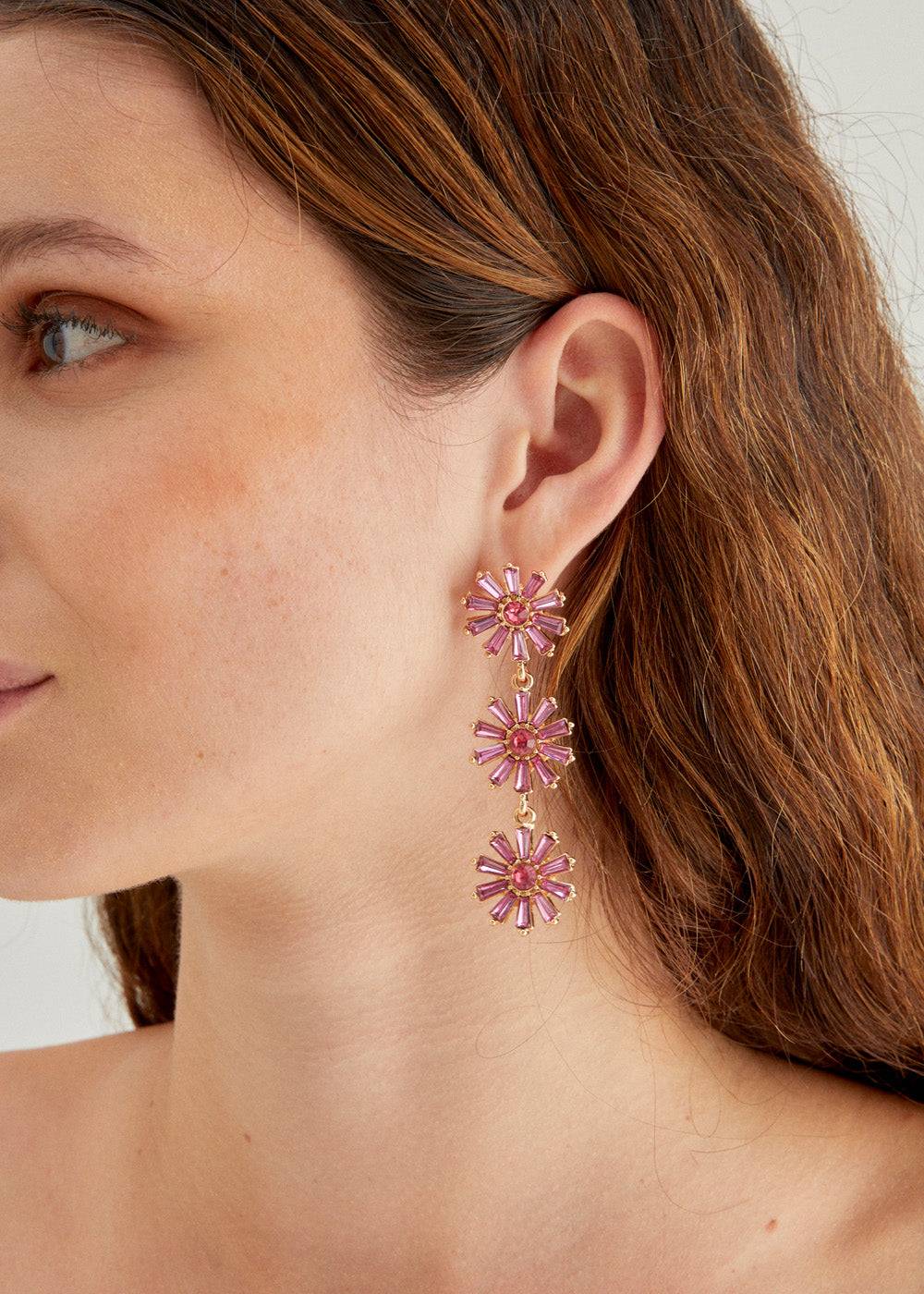Nalí LONG EARRINGS W/ FUCHSIA FLOWERS+STONES