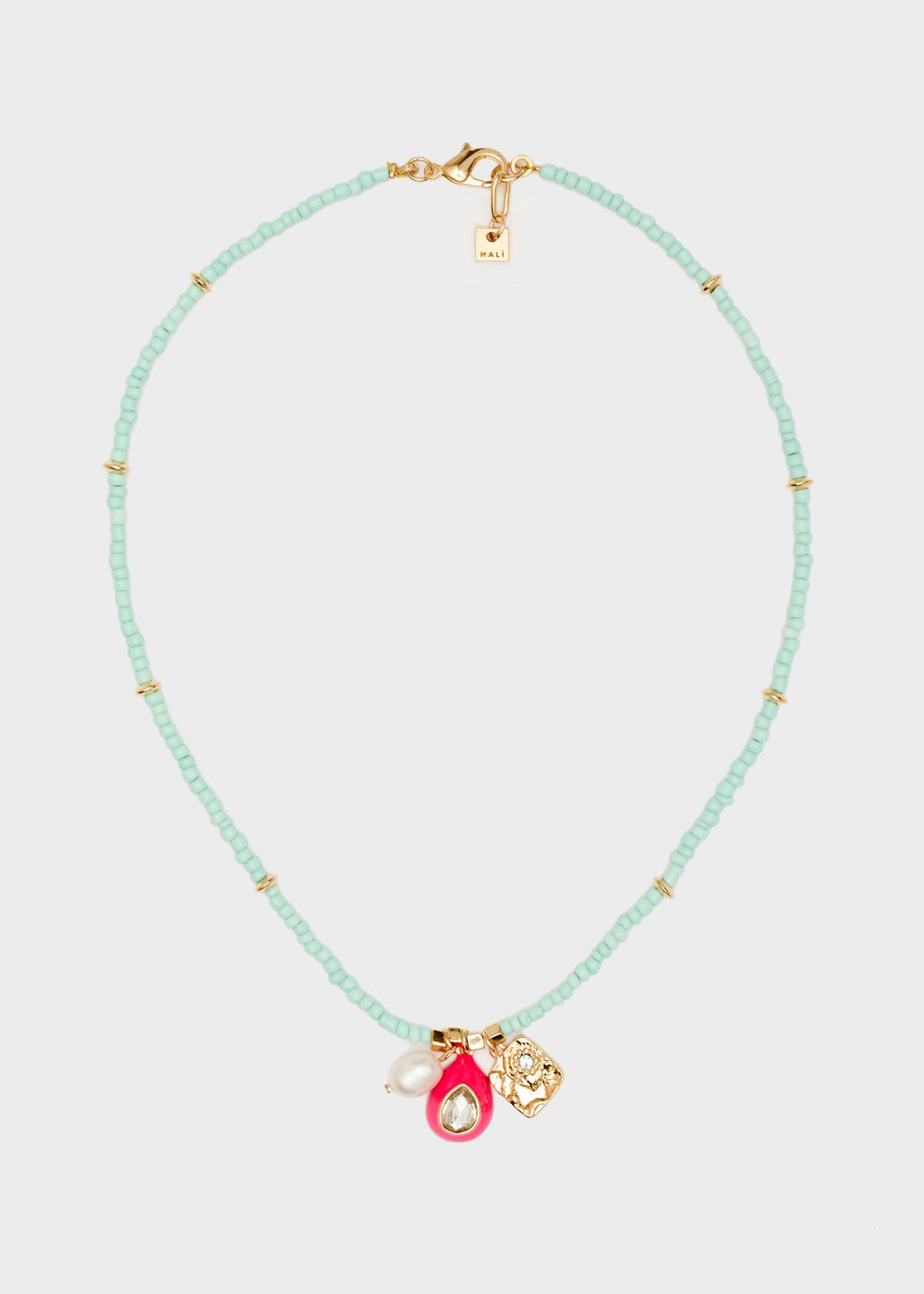 Nalí NECKLACE W/ L.BLUE BEADS+FUCHSIA PENDANT