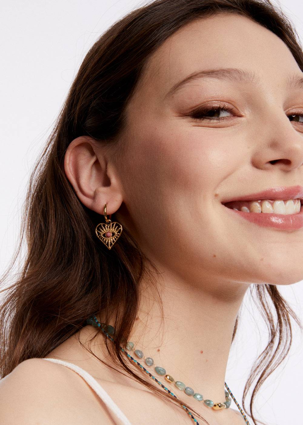 Nalí S.STEEL HEART EARRINGS W/ NAT. PINK STONE