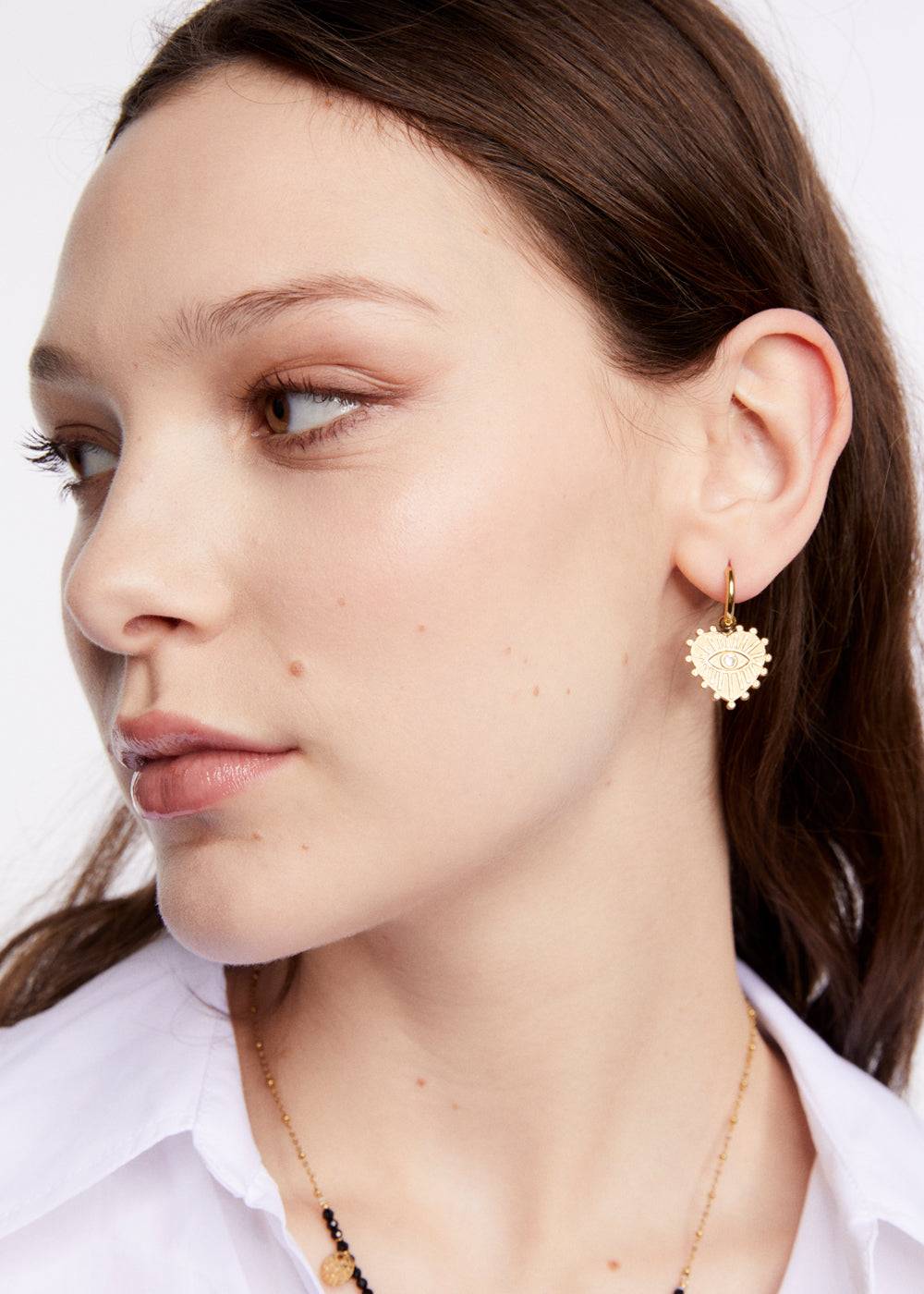 Nalí S.STEEL HOOP EARRINGS W/ GOLD HEART+EYE
