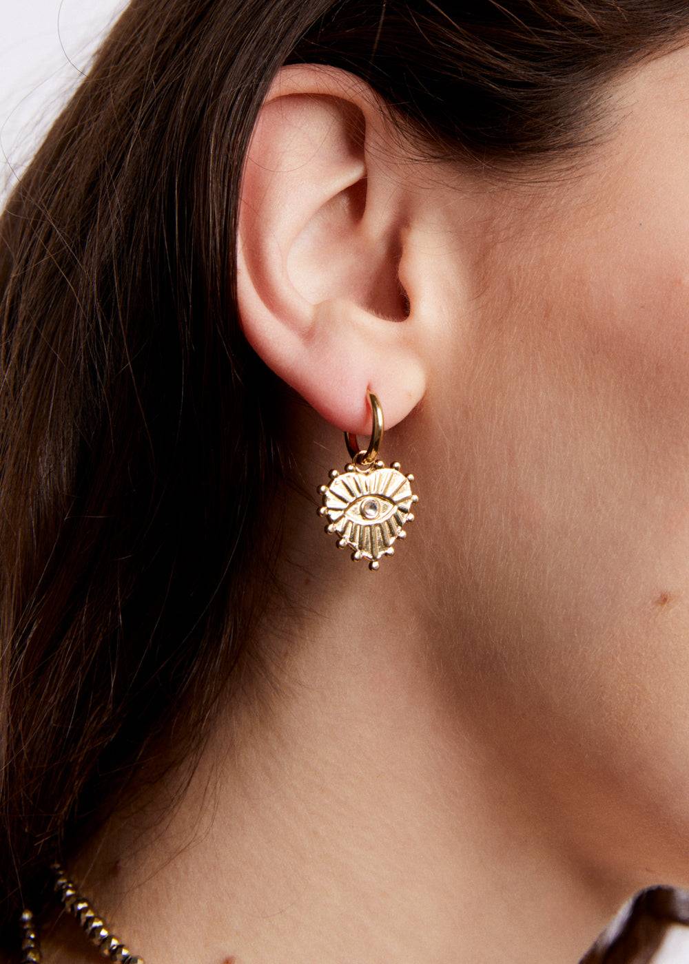 Nalí S.STEEL HOOP EARRINGS W/ GOLD HEART+EYE