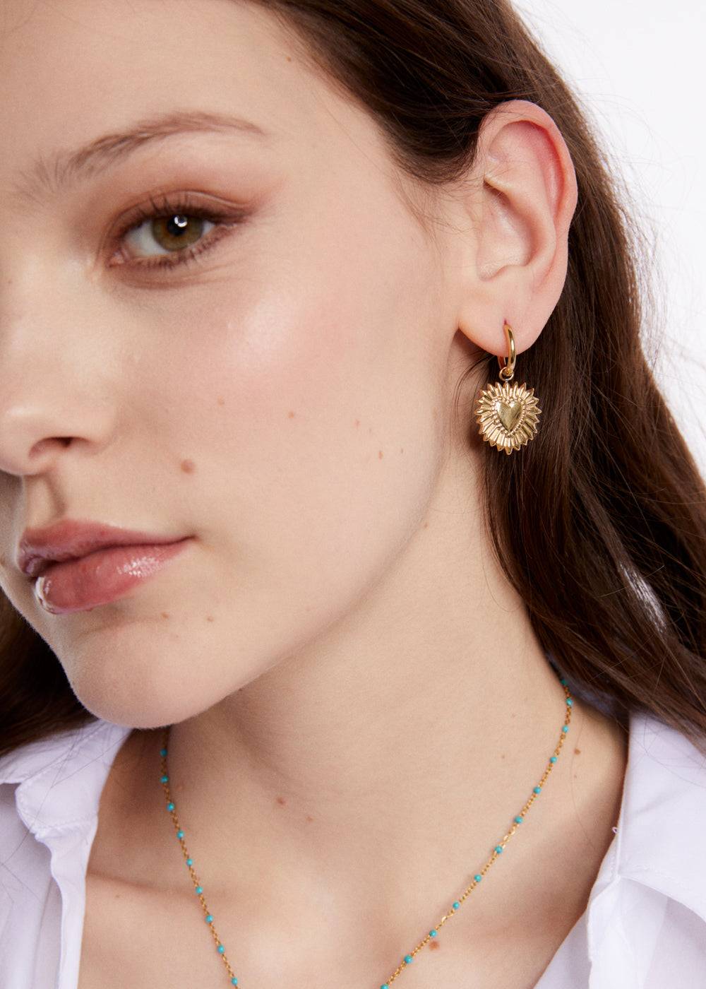Nalí S.STEEL HOOP EARRINGS W/ GOLD SACRED HEARTS