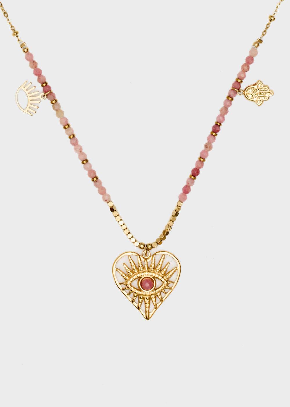 Nalí S.STEEL NECKLACE W/ NAT.STONE+PINK HEART