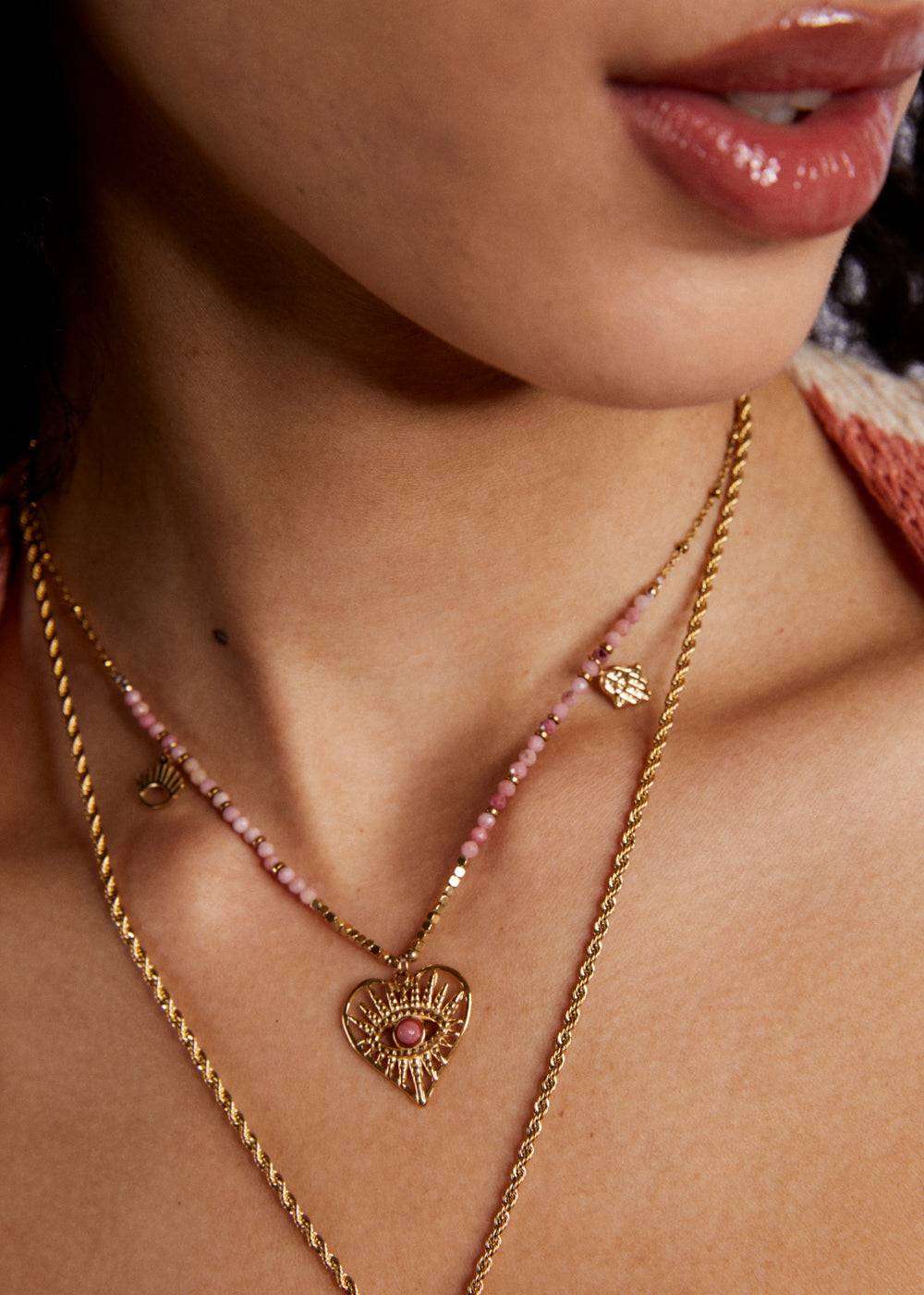 Nalí S.STEEL NECKLACE W/ NAT.STONE+PINK HEART