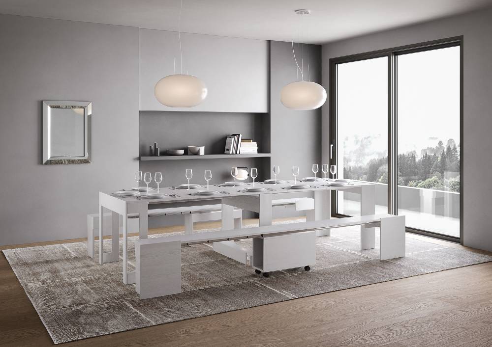 Itamoby Consolle Allungabile Evolve Con Panca Inferiore E Superiore Bianco Frassino