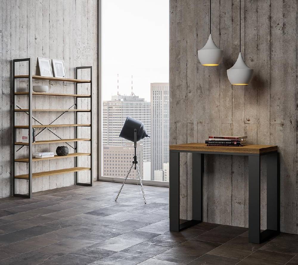 Itamoby Consolle Tecno Libra Quercia Natura 90×45 Allungato 90×90 Telaio Antracite