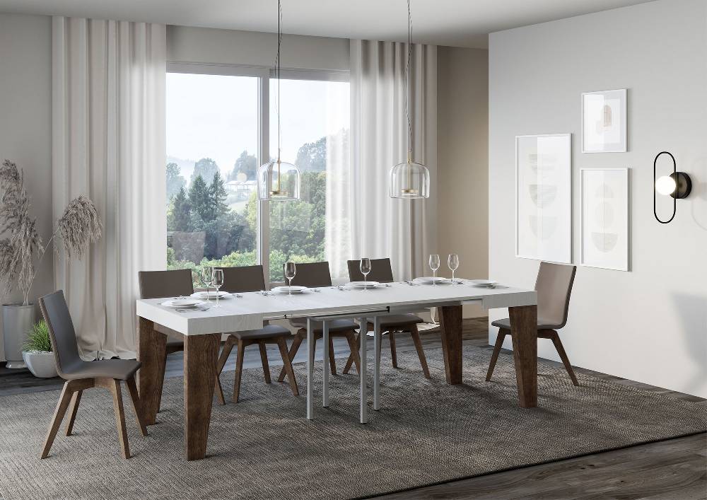 Itamoby Tavolo Naxy Mix Allungabile Piano Bianco Frassino Gambe Noce 90×90 Allungato 246