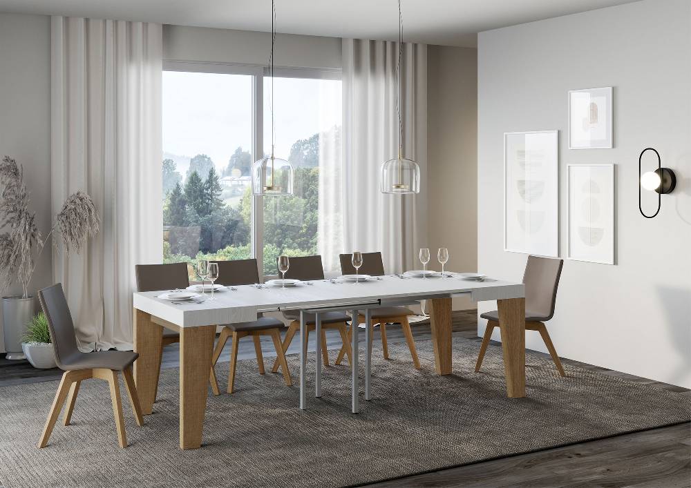 Itamoby Tavolo Naxy Mix Allungabile Piano Bianco Frassino Gambe Quercia Natura 90×90 Allungato 246