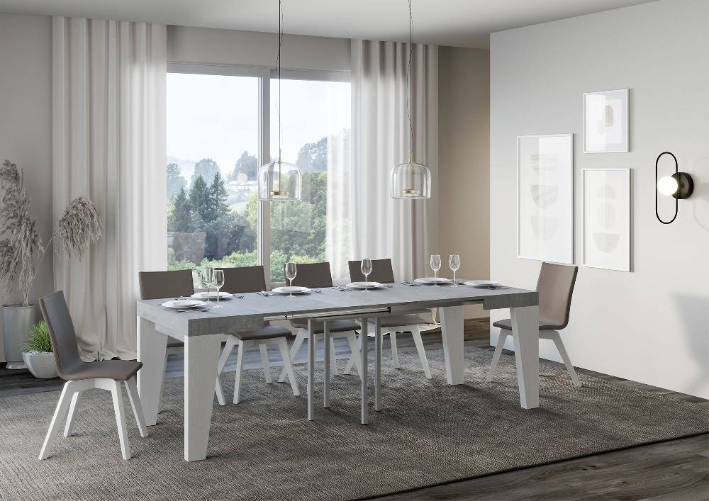 Itamoby Tavolo Naxy Mix Allungabile Piano Cemento Gambe Bianco Frassino 90×90 Allungato 246