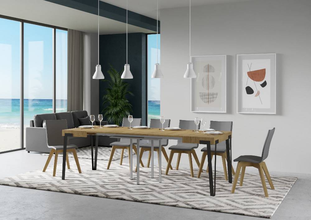 Itamoby Tavolo Rio Allungabile Piano Quercia Natura 90×90 Allungato 246 Telaio Antracite