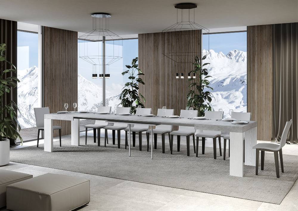 Itamoby Tavolo Roxell Allungabile Piano Cemento Gambe Bianco Frassino 90×160 Allungato 420