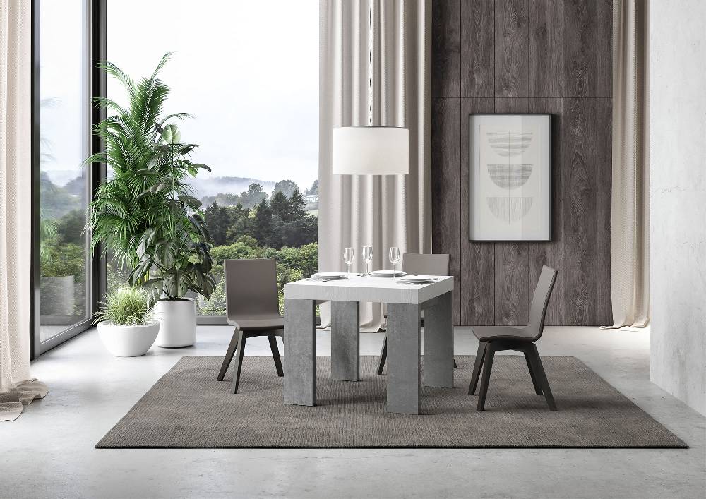 Itamoby Tavolo Roxell Mix Allungabile Piano Bianco Frassino Gambe Cemento 90×90 Allungato 246