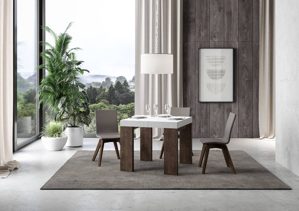 Itamoby Tavolo Roxell Mix Allungabile Piano Bianco Frassino Gambe Noce 90×90 Allungato 246