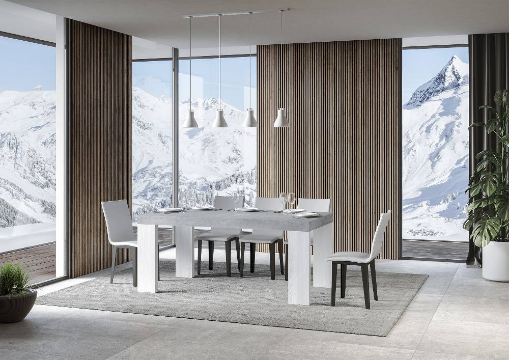 Itamoby Tavolo Roxell Mix Allungabile Piano Cemento Gambe Bianco Frassino 90×180 Allungato 440