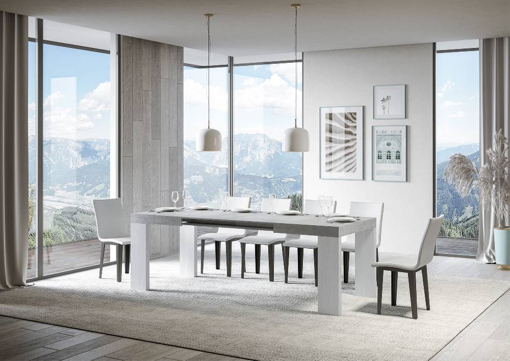 Itamoby Tavolo Roxell Mix Allungabile Piano Cemento Gambe Bianco Frassino 90×130 Allungato 390